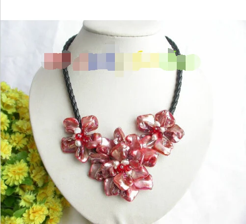 

handcraft bloom red seashell pearls crystal choker leather necklace j7765 ^^^@^Noble style Natural Fine jewe FREE SHIPPING