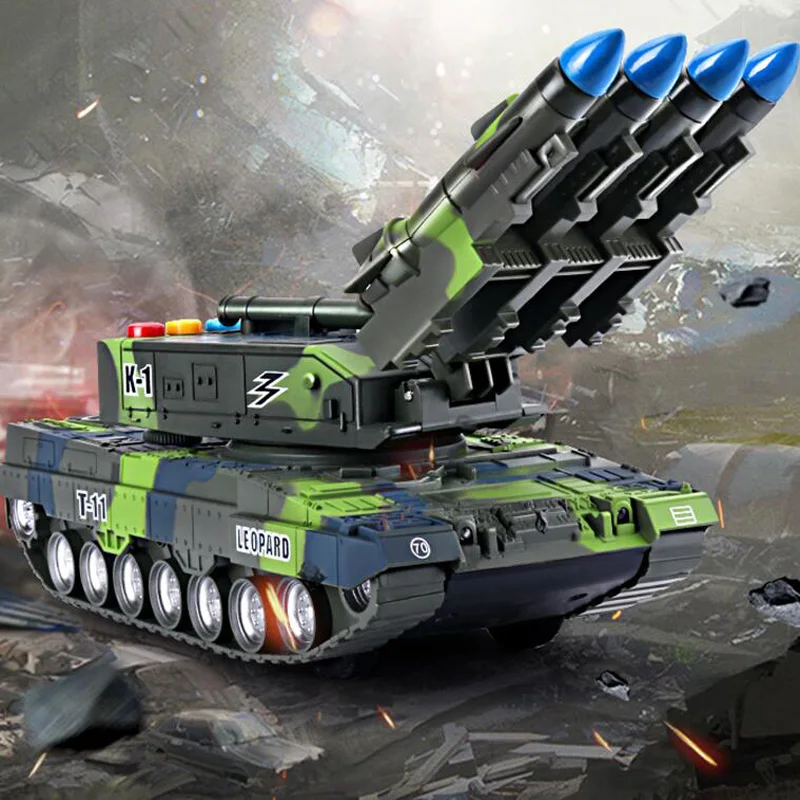 

360° Rotating Children's Toy Tank Simulation Model Tiger Military Armored Missile Tank Car Model Sounding Glowing Toy Boy Gift