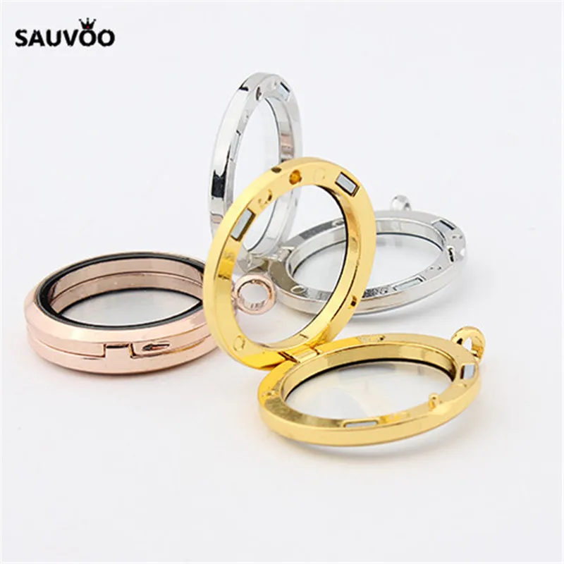 

SAUVOO 2pc Gold/Silver Color 31MM Round Glass Photo Locket Pendant Crystal Rhinestone Memory Floating Picture Frame Pendants