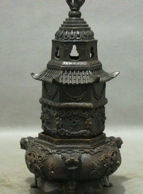 

8" Chinese Buddhism Bronze Lion Head Statue Pagoda Stupa Incense Burner Censer