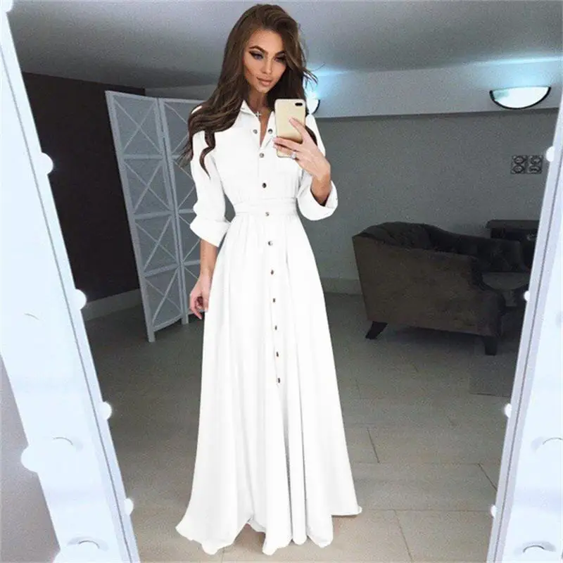 

Women's Long Maxi Dress 2019 Long Sleeve Sexy Casual Vintage Elegant Floor Length Lady Dresses Solid White Shirt Dress Vestidos