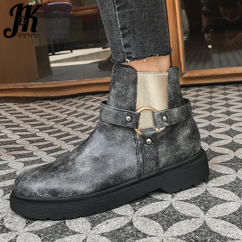 JK Elastic Ankle Boots Women Rivet Platform Booties Ladies Metal Casual Shoes Female Round Toe Girl Winter 2019 New Brown | Обувь