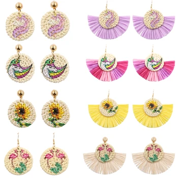 유니콘/플라밍고 위커 등나무 귀걸이 여성을위한 기하학적 인 라피아 술 귀걸이 나무 짚 귀걸이 쥬얼리 Pendientes Mimbre