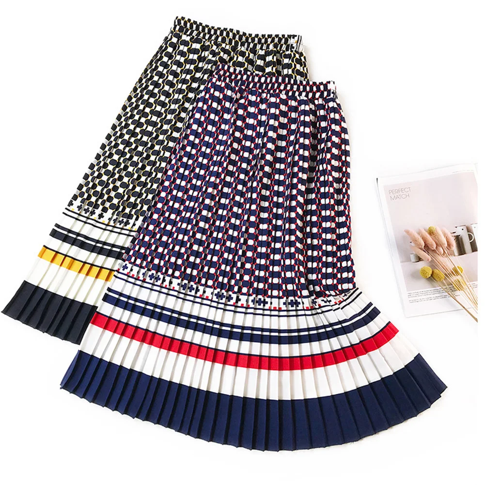 Летняя черно-белая плиссированная юбка контрастного цвета в горошек эластичные юбки с высокой талией универсальная длинная юбка трапециевидной формы женские низ