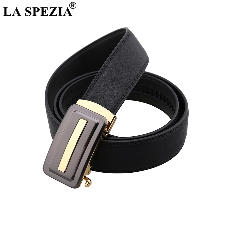 

LA SPEZIA Mens Automatic Belt Genuine Leather Male Business Belt Black Cow Leather Man Belts Brand Leather Luxury Gold Buckle
