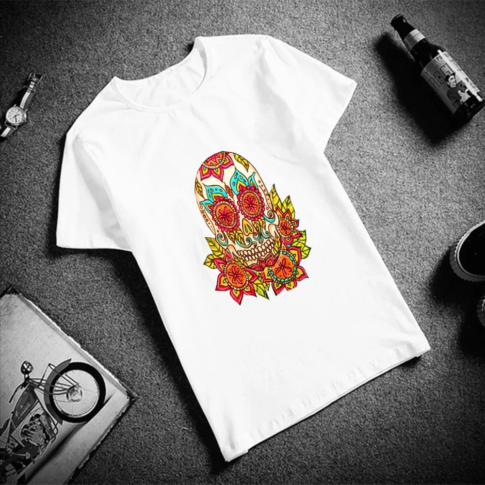 

Fashion Short Sleeve T Shirt Aesthetics Psychedelic Skull Flowers 100% Cotton Top Tees Women O Neck T-Shirt Unisex TShirt