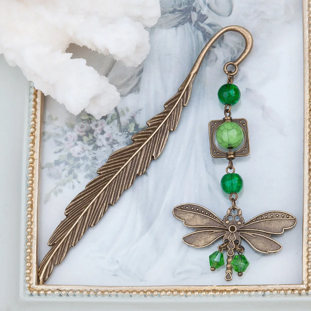 

DoreenBeads Bookmark Dragonfly Animal Antique Bronze Green Imitation Turquoise Feather Christmas Snowflake Pom Pom,1 Piece