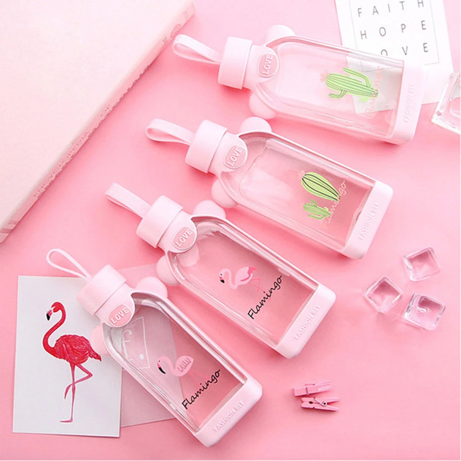 Kawaii Cute Glass Water Bottle Portable Rope Travel Mini Glass Cup Cactus Flamingo Girls School Office Glass Cup