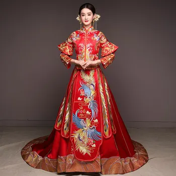 

Royal Style Ancient Lady Wedding Cheongsam Suit Embroidery Phoenix Chinese Bride Dress Toast Clothes Vintage Trailing Qipao