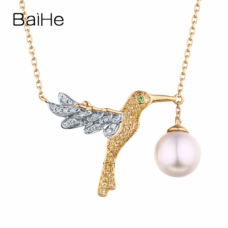 Ожерелье с жемчугом Алмазная изображением птицы H/SI белое + желтое золото 18 карат