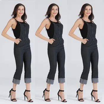 

2019 New Explosion Models European and American denim Slim seven points jumpsuit washed horn jeans