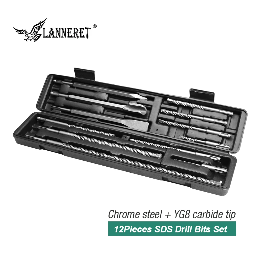 

LANNERET 12PCS Drill Bits & Chisel SDS Rotary Hammer Bits Set Universal Connection Design BMC Box