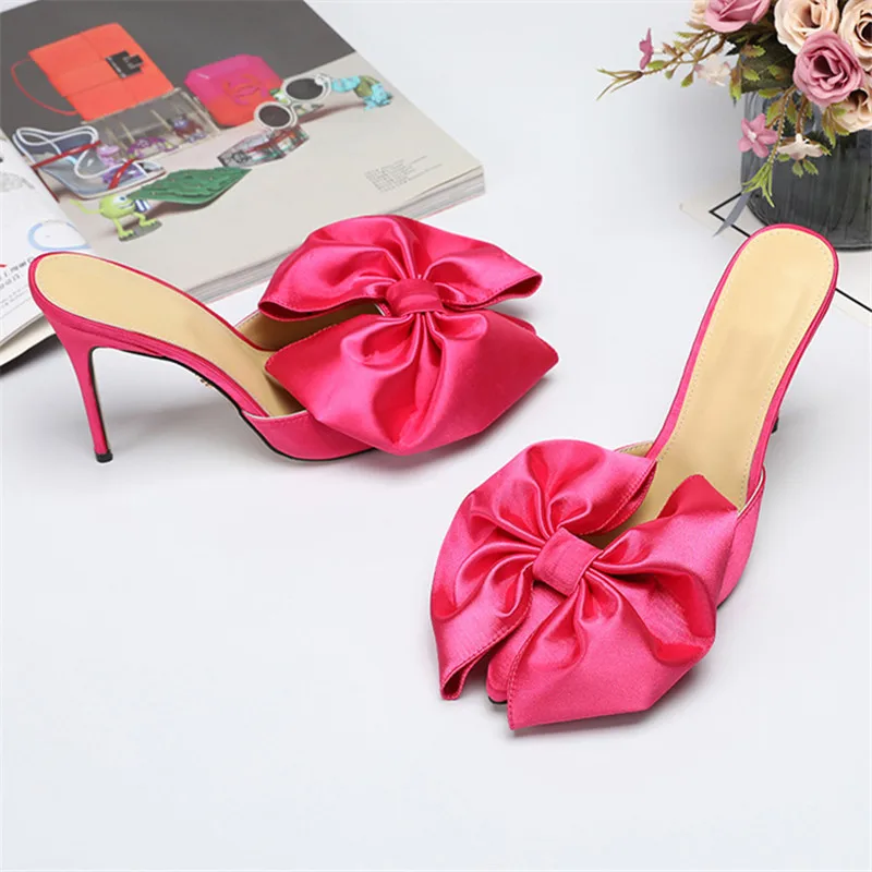 Роскошные Шелковые тапочки с бантиком-бабочкой женские туфли на тонком высоком каблуке женские туфли с заостренным носком тонкие туфли без задника весенняя женская обувь с большим бантом - Цвет: Pink