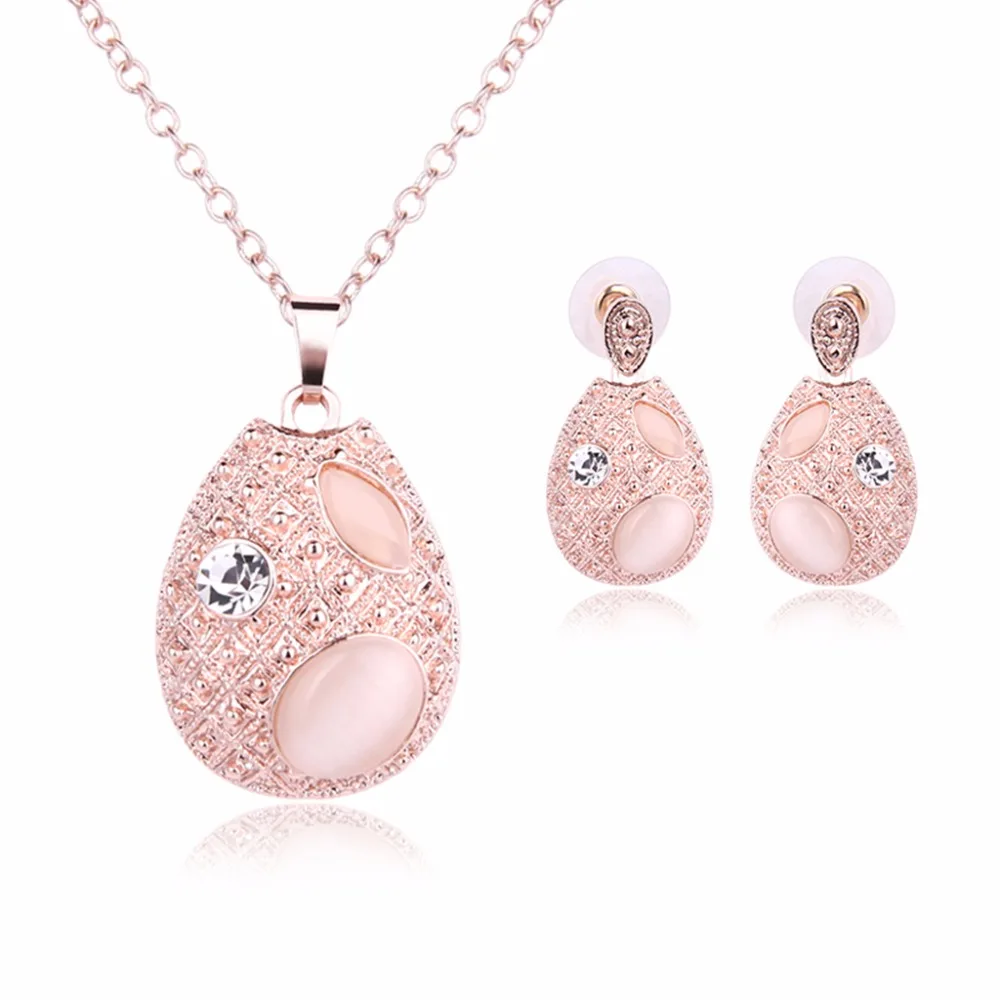 

Pink Rhinestone Waterdrop Design Earrings Pendant Necklace Jewelry Set For Women Hair Accessories