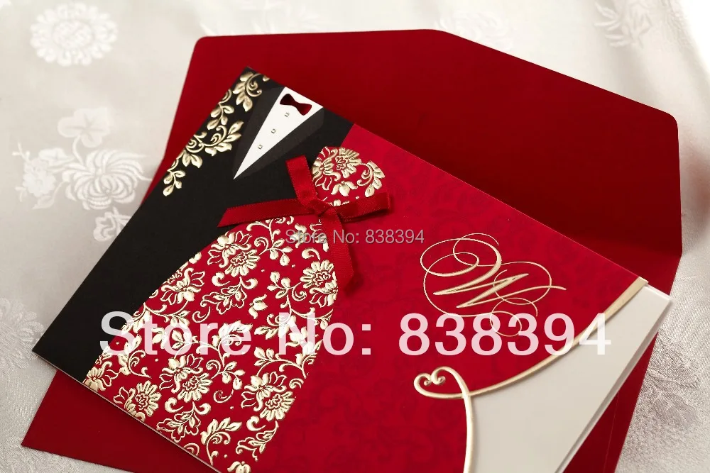 50pcs Romance Chinese Flower Wedding Invitation With Golden Couple
