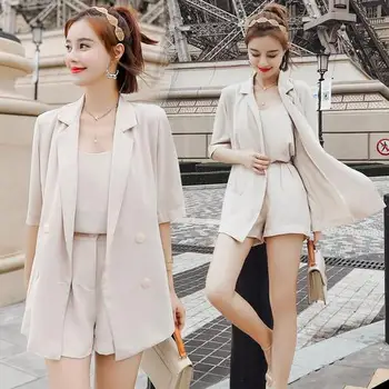 

Casual 3 Piece Set Women Half Sleeves Turn-down Collar Double Breasted Tops Solid Shorts Fashion And Brief Women Sets Clothes