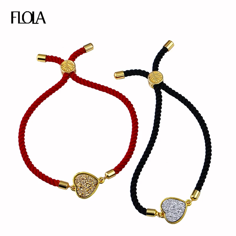 

FLOLA Boho Quartz Rope Heart Bracelet Man Natural Stone Druzy Couple Bracelets Hand Jewellery pulsera roja de la suerte brtb52