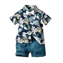 Рубашка для маленьких мальчиков с короткими рукавами и галстуком-бабочкой и принтом листьев топ+ шорты Летняя детская модная одежда для джентльменов 2 предмета