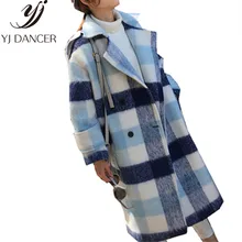 Осень-зима, Женское шерстяное пальто, новинка, с карманами, с v-образным вырезом, двубортное, с открытыми плечами, женское свободное клетчатое твидовое пальто CSS342