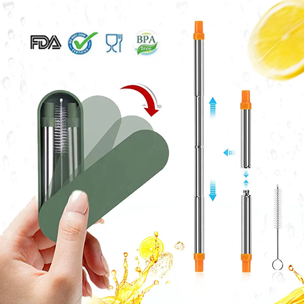 

reusable telescopic straw metal straws with straw box brush eco friendly stainless stee bar accessories household Drinking Tool