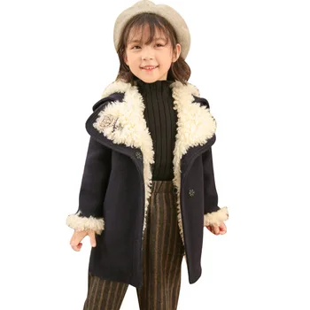 

2019 Winter Children Camo Fleece Coats Big Girls Long Parkas Faux Wool Princess Lambwool Jackets Double-breasted Black Clothes