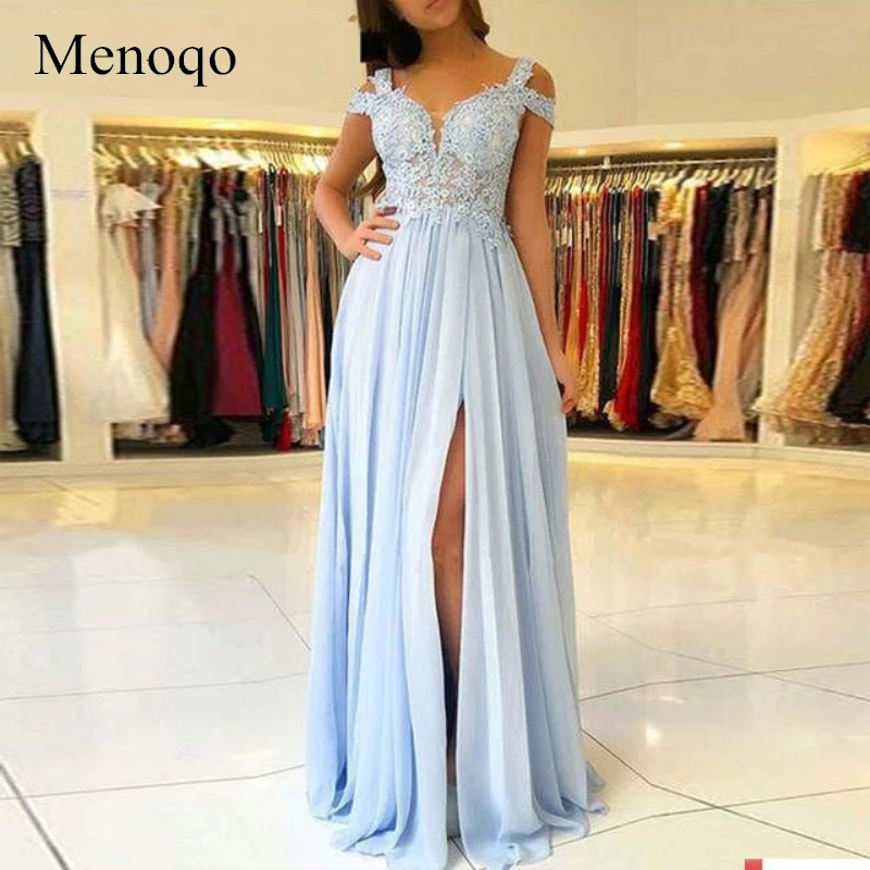 

Menoqo 2019 Evening Dresses Side Split Floor Length Chiffon Appliques Pageant Party Evening Gowns P4JY19