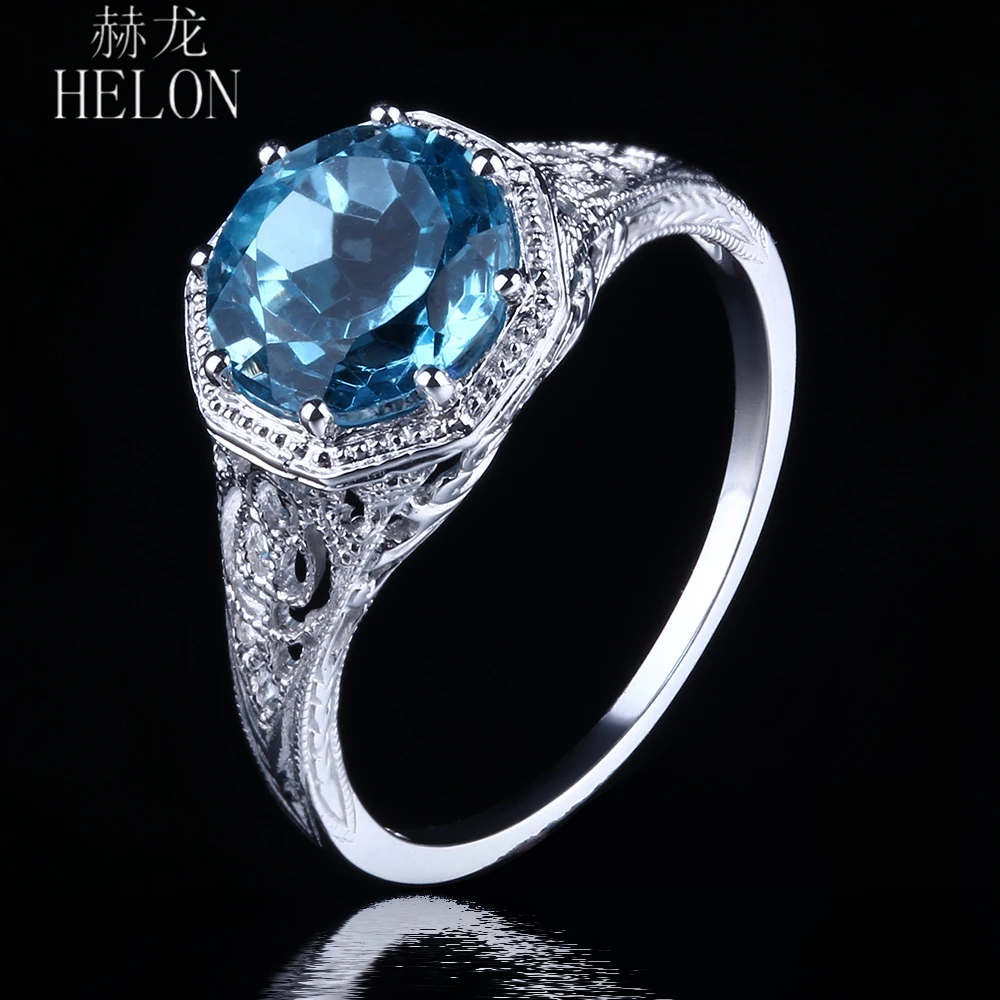 

HELON Sparkled Hot Certified Round 8mm Blue Topaz Engagement Ring Solid 14K White Gold Ring For Women Solitaire Vintage Jewelry
