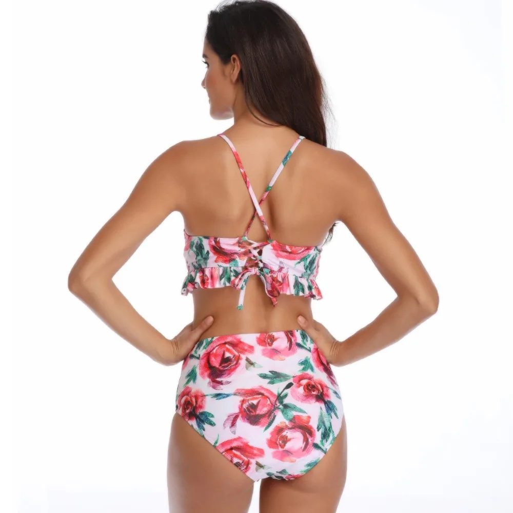 Parent-child Vintage Printed High Waist and High leg cut Off Shoulder Halter Removable Push up Padded Bikini Top 3