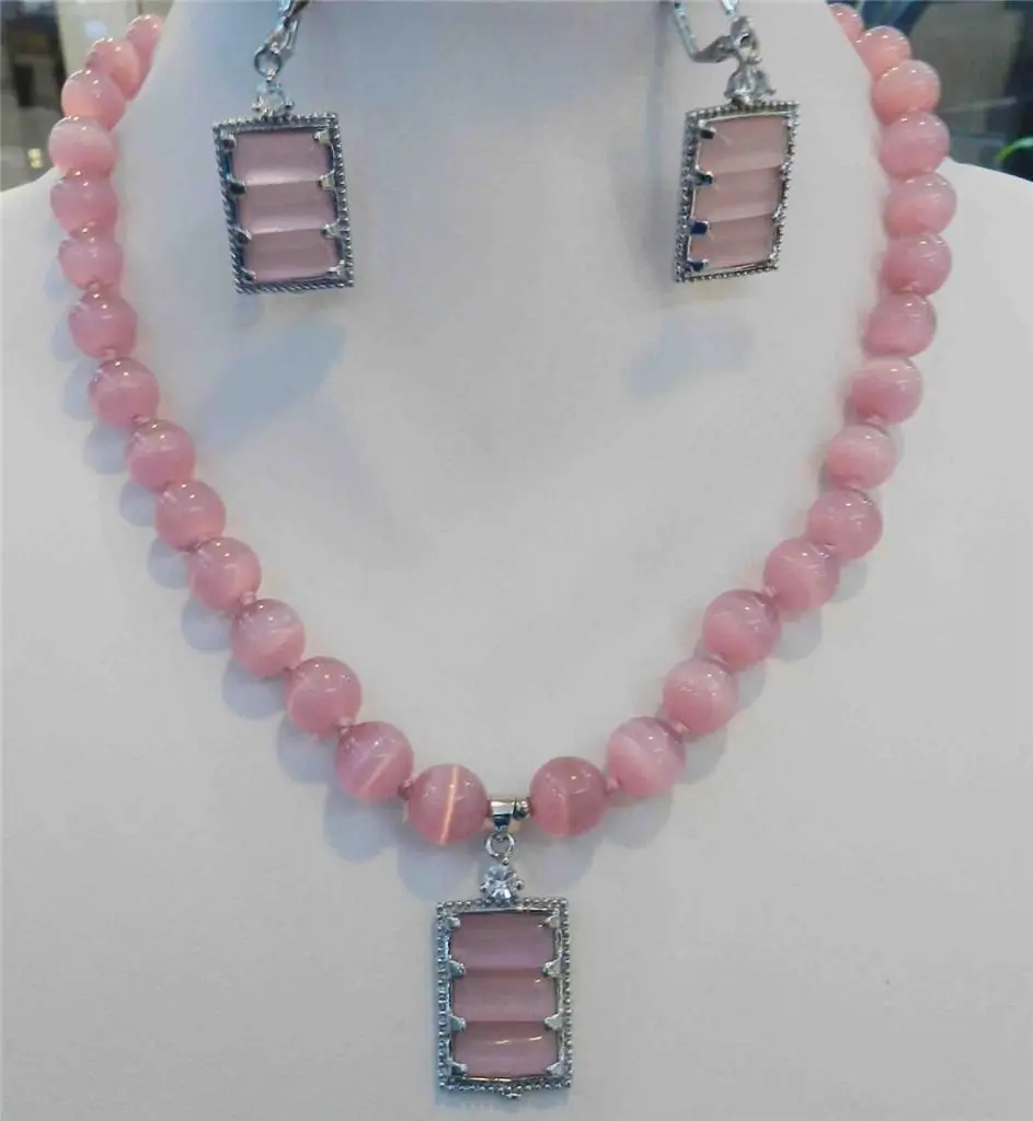 

free shipping>>> Beautiful Pink Mexican Opal Round Beads Gems Pendant Necklace Earring Set 18