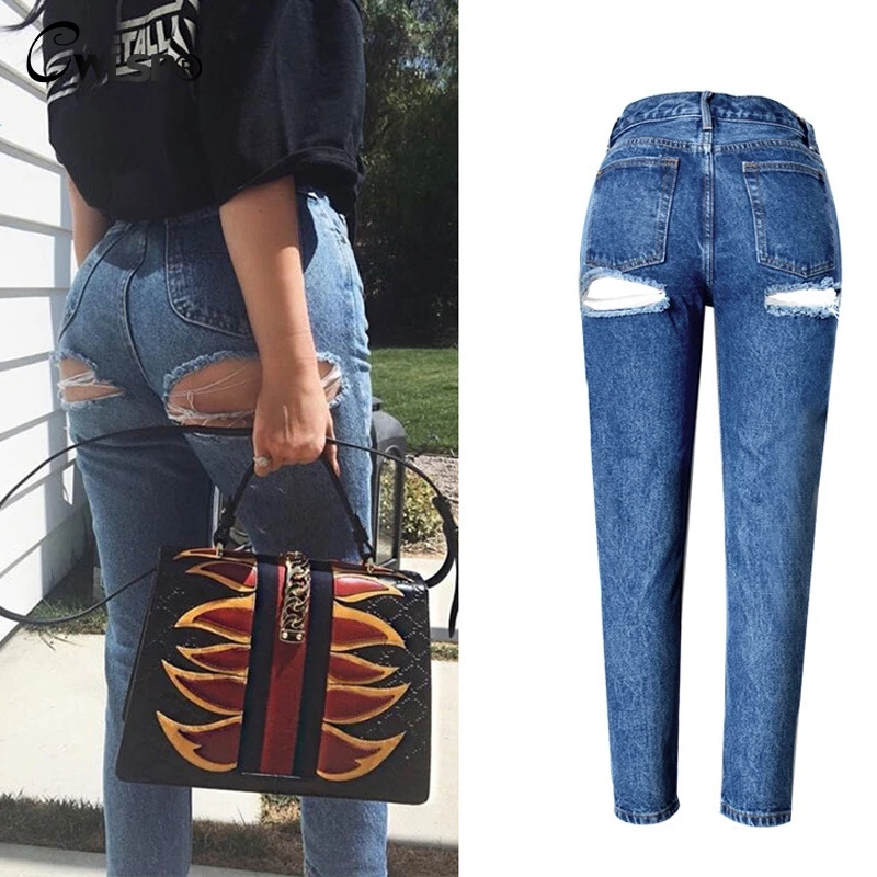CWLSP Casual Jeans Woman Pants High Waist Bottom Ripped Holes Skinny jeans Sexy women Denim Pencil Pants jeans femme QL2916