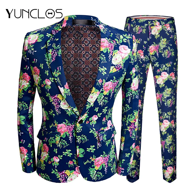 YUNCLOS 2019 New Men's Floral Printed Suits Slim Fit Party Suits 2