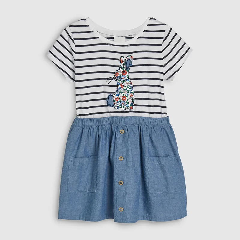 

Little Maven New Summer Kids Clothing Blue Striped Rabbit Applique Jeans Short O-neck Knitted 1-6yrs Cotton Girls Dresses