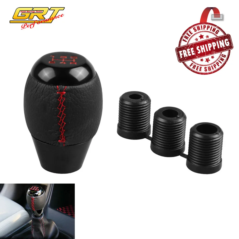 Free Shipping 5 Speed Black Leather Shift Knob with Red Stitching For