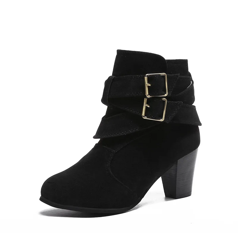 

2018 autumn and winter high-heeled large size round head high-heeled belt buckle fashion low cut ladies boots black ljj 1102