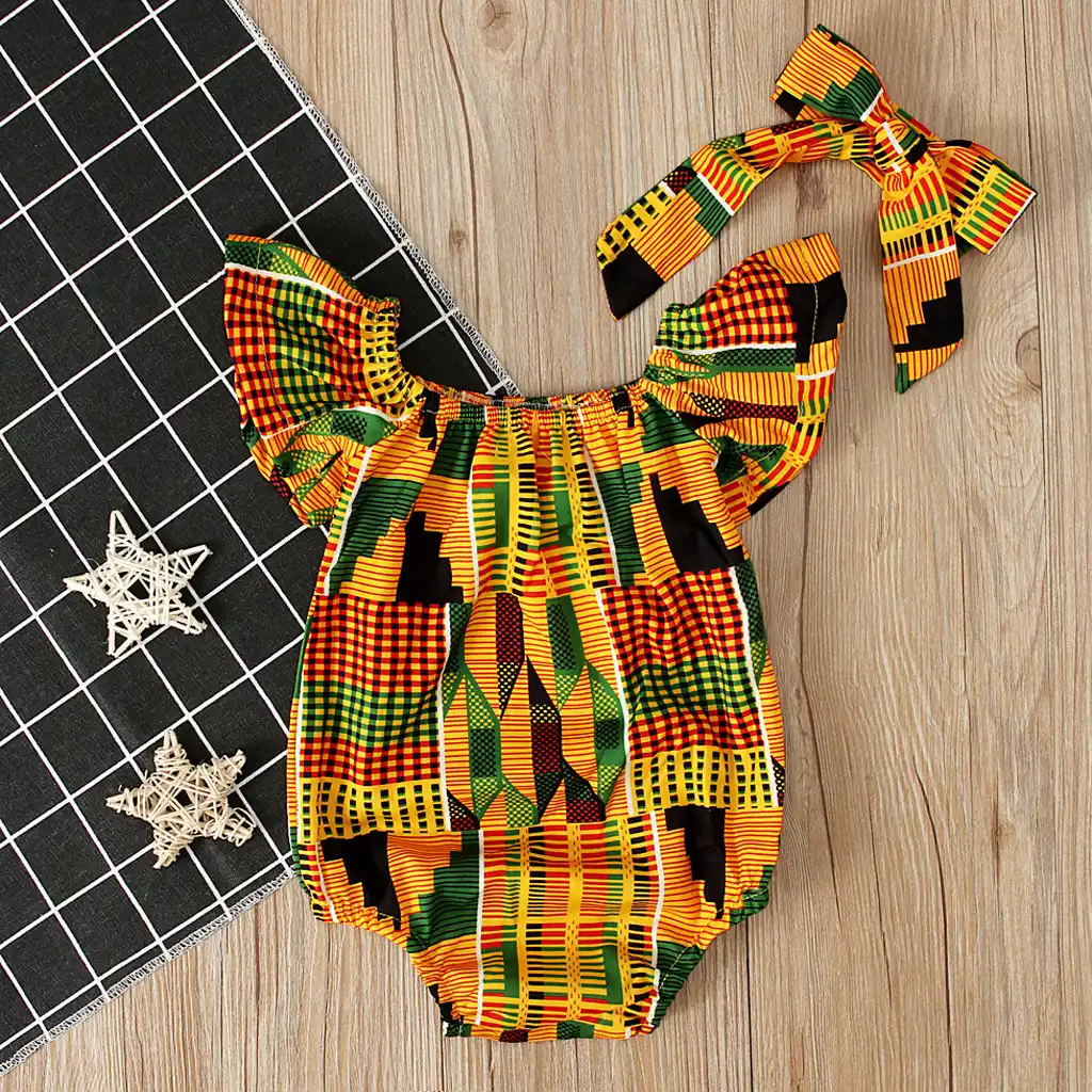 Infant Baby Girls African Print Off Shoulder Romper Hair Band Bodysuits Clothes