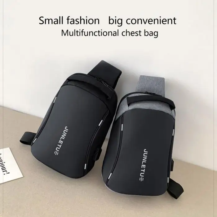 Men’s Simple Casual Style Outdoor Sports Shoulder Bags Multifunction Large Capacity USB Charging Waterproof Chest Bag