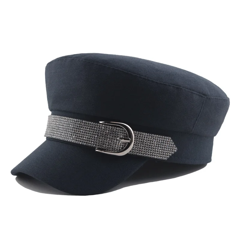 Women's Hat Flat Cap Military Cap Spring Autumn Super Flash Rhinestone Belt Buckle Flat Top Military Hats Fashion Berets Cap