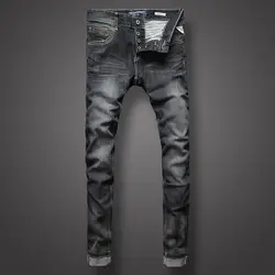 Итальянский Стиль Ретро Для мужчин s джинсы черные Цвет Slim Fit джинсы Для мужчин кнопки брюки брендовая одежда модные обтягивающие джинсы