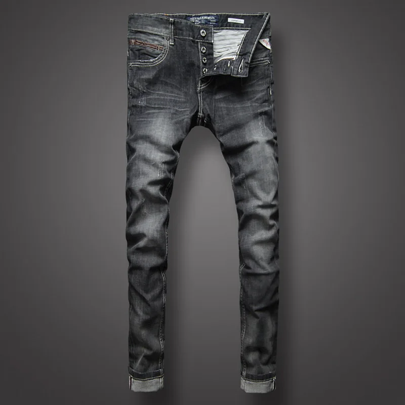 

Italian Style Retro Mens Jeans Black Color Slim Fit Denim Jeans Men Buttons Pants Brand Clothing Fashion Skinny Jeans Size 29-38