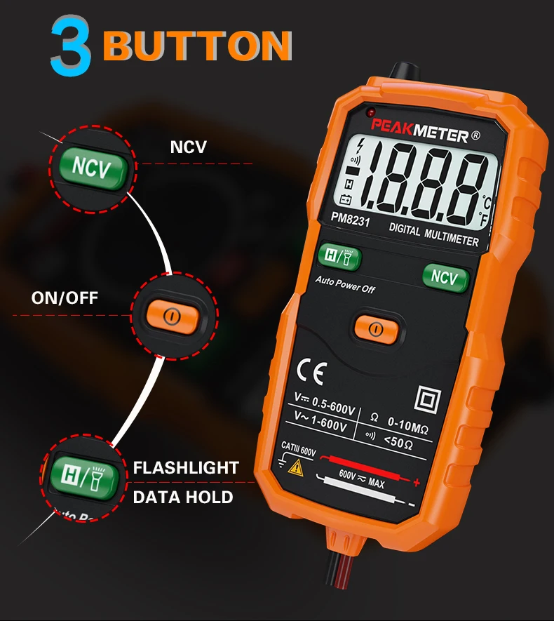 Цифровой мультиметр PEAKMETER PM8231 умные мультиметры Бесконтактный Мини Авто DC AC Сопротивление напряжения NCV тестер