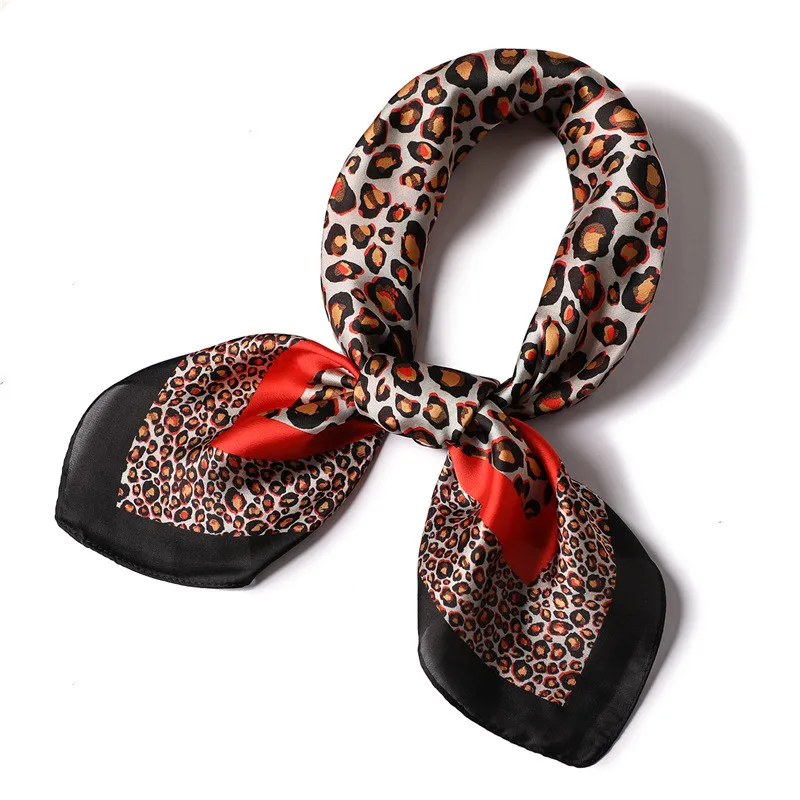 

Elegant Women 70*70cm Square satin Silk Scarf black red yellow Leopard Printed Bandana Fashion Spring summer Scarves Kerchief