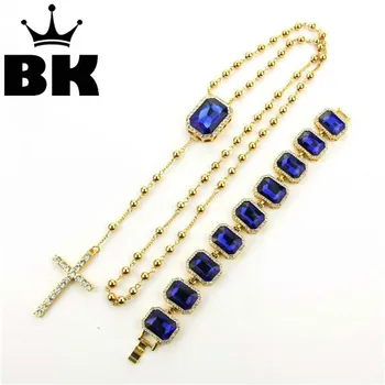 

Gold Color Beads Rosary Necklace with Blue Crystal Cross Rosary & Icedout Hip Hop Bracelet Mens Chain Necklace & Bracelet Set