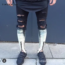 Diseñador de pintura niebla justin bieber kanye vintage negro urbano ropa tobillo cremallera flaco desgastado rasgado jeans hombres jean