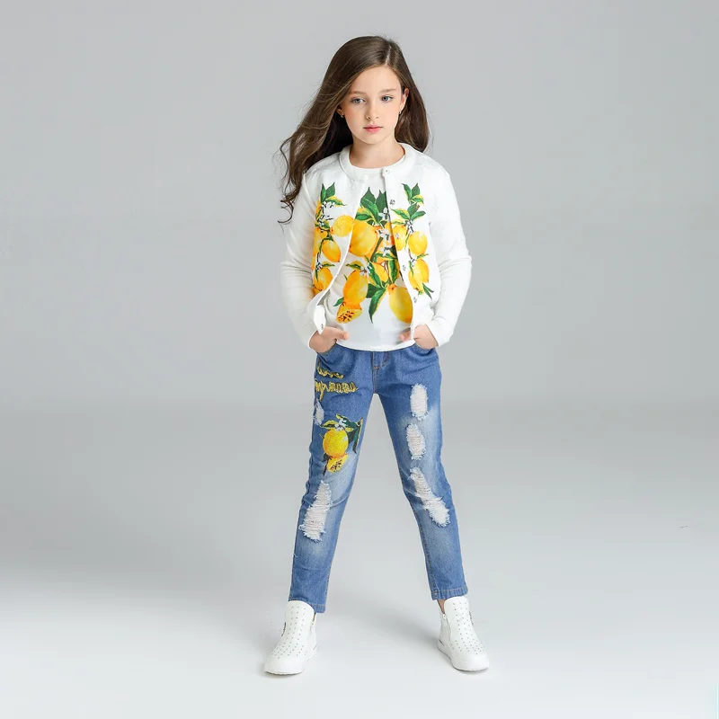 Одежда для девочек с рисунком лимона, 3 предмета, Детская куртка+ футболка+ джинсы, комплекты одежды для детей, спортивный костюм, для 3, 4, 6, 8, 10, 11 лет