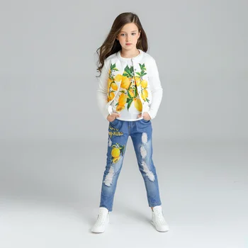 

Lemon Pattern Girls Clothes 3pcs Kids Jackets+T-shirts+jeans Clothes Children clothing sets 2017 tracksuit 3 4 6 8 10 11 years