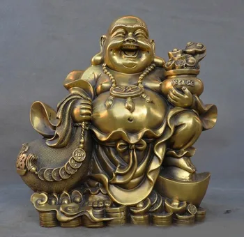 

wedding decoration old China brass wealth yuanbao coin ruyi laughter Maitreya Buddha Statue statue