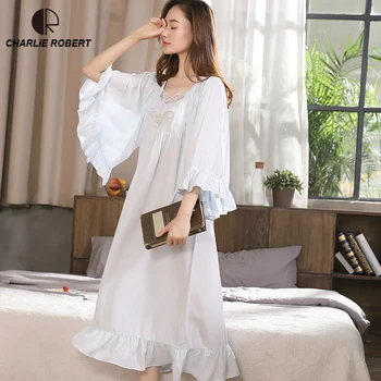 

Noble Sleepwear Cotton Dress Gown Elegant Nightgown Vintage Long Dress Long Sleeve White Night Dress Home Clothes For Women