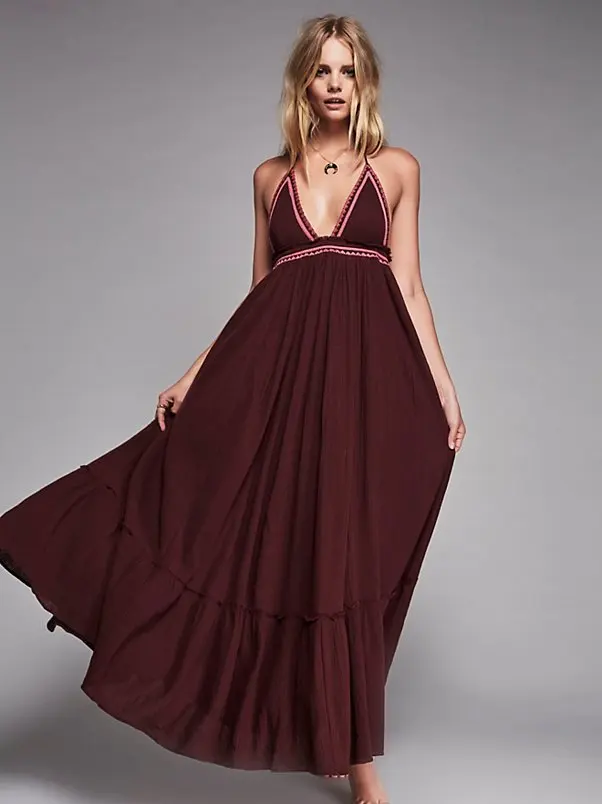 

US summer fashion stripless long dress women's new freedom embroidery hippie dresses sexy backless large hem maxi holiday dress