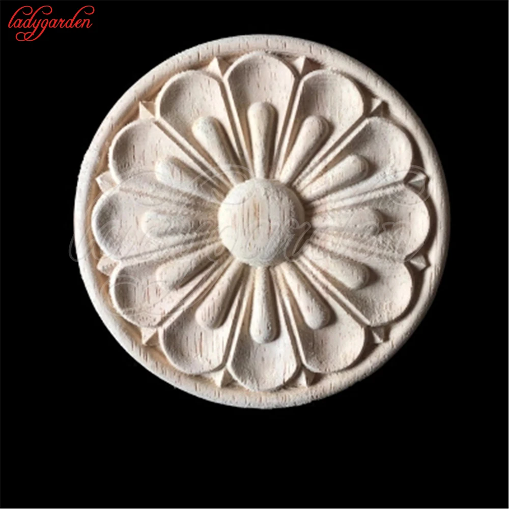 

8CM Round Unpainted Wood Carved Corner Onlay Applique Frame Carved Applique Window Door Decor Wooden Figurines Crafts