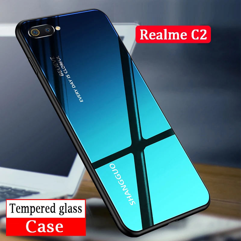 

For Realme C2 Case Aurora Design Tempered Glass Protector Glossy Gradient Phone Cover For Realme C2 Hard Shell Funda Coque
